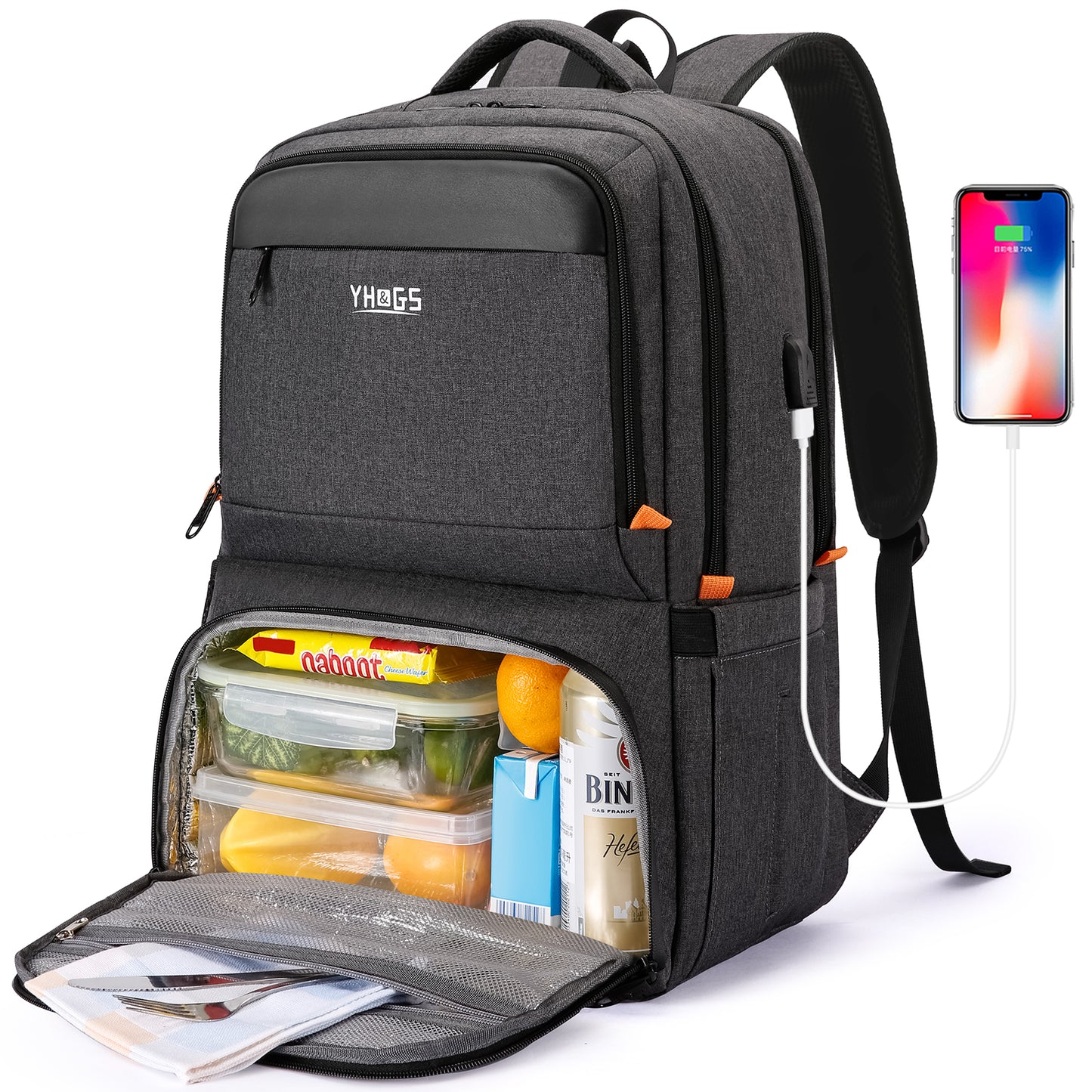 Lunch Backpack, Insulated Cooler Backpack Lunch Box for Men Women, 15.6 Inches RFID Blocking Laptop Backpack with USB Port, Water Resistant Leak-proof Lunch Bag for Work School Picnics Hiking Black