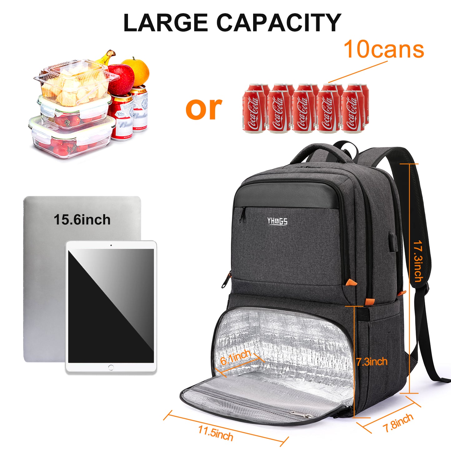 Lunch Backpack, Insulated Cooler Backpack Lunch Box for Men Women, 15.6 Inches RFID Blocking Laptop Backpack with USB Port, Water Resistant Leak-proof Lunch Bag for Work School Picnics Hiking Black