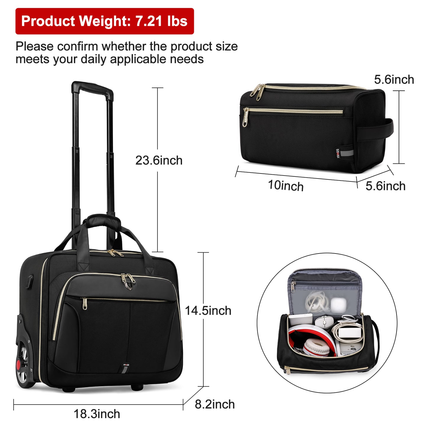 Rolling Laptop Bag, 17.3 inch Rolling Briefcase for Men Women, Laptop Briefcase on Wheels, Overnight Bags with Carry On Bag, Water-Proof Travel Bag with USB Port for Business Travel 2pcs Set, Black