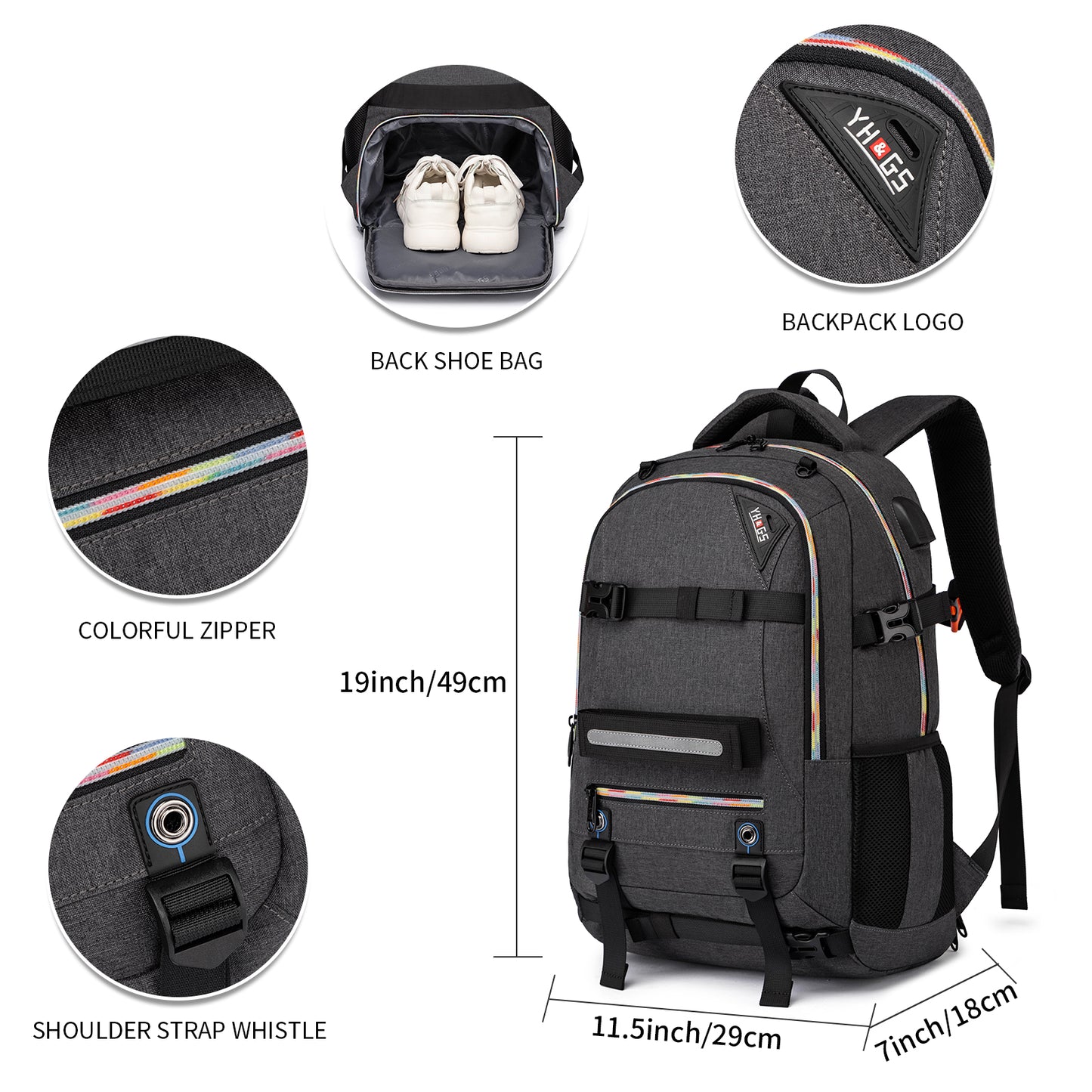 Skateboard Backpack, Laptop Backpack with USB Charging Port, RFID Anti-Theft Lock, Waterproof Fabric, Fits up to 15.6 Inch Laptop, for College School Business Travel Men Boy (Dark Grey)
