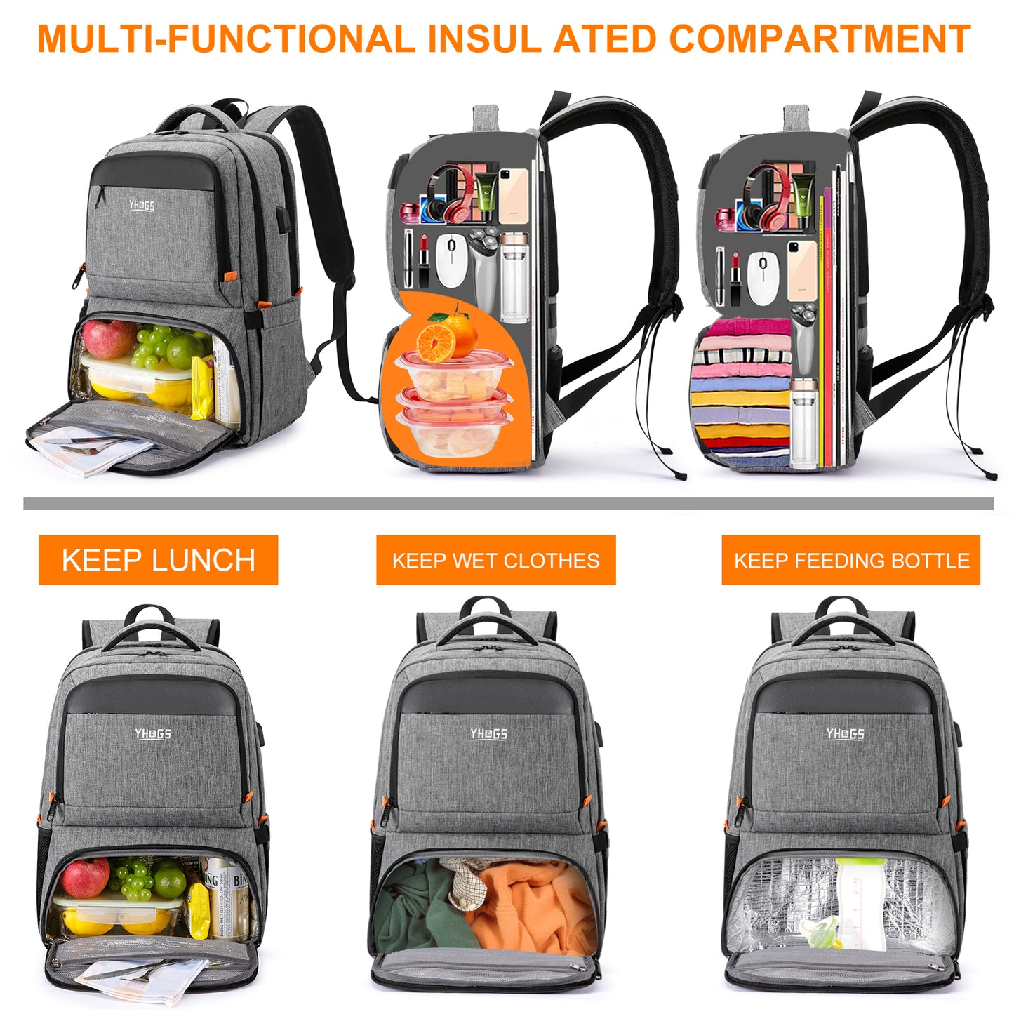 Lunch Backpack, Insulated Cooler Backpack Lunch Box for Men Women, 15.6 Inches RFID Blocking Laptop Backpack with USB Port, Water Resistant Leak-proof Lunch Bag for Work School Picnics Hiking Grey