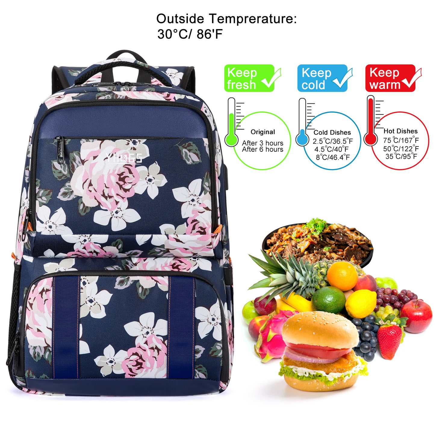 Lunch Backpack, Insulated Cooler Backpack for Women Laptop Backpack with USB Port, 15.6 Inch Laptop Bookbag Waterproof Backpack Food Bag for Work Beach Camping Picnics Hiking Travel Blue Flower