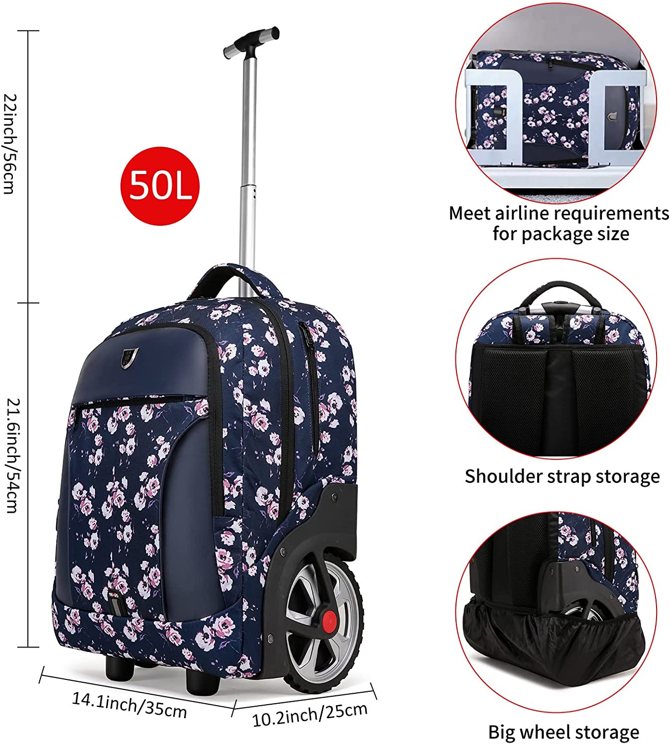 YH&GS Rolling Backpack Floral, Waterproof with Wheels for Business, College Student and Travel Commuter, Carry on Laptop Compartment, Fit 17 Inch Laptop, Wheeled Adults, 20inch