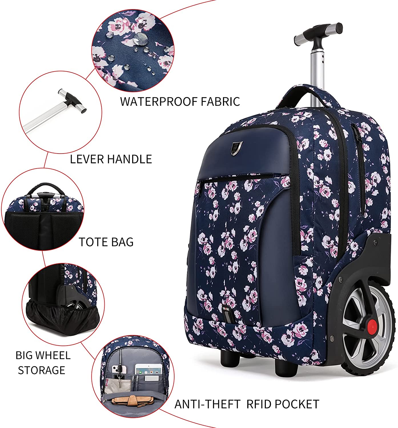 YH&GS Rolling Backpack Floral, Waterproof with Wheels for Business, College Student and Travel Commuter, Carry on Laptop Compartment, Fit 17 Inch Laptop, Wheeled Adults, 20inch